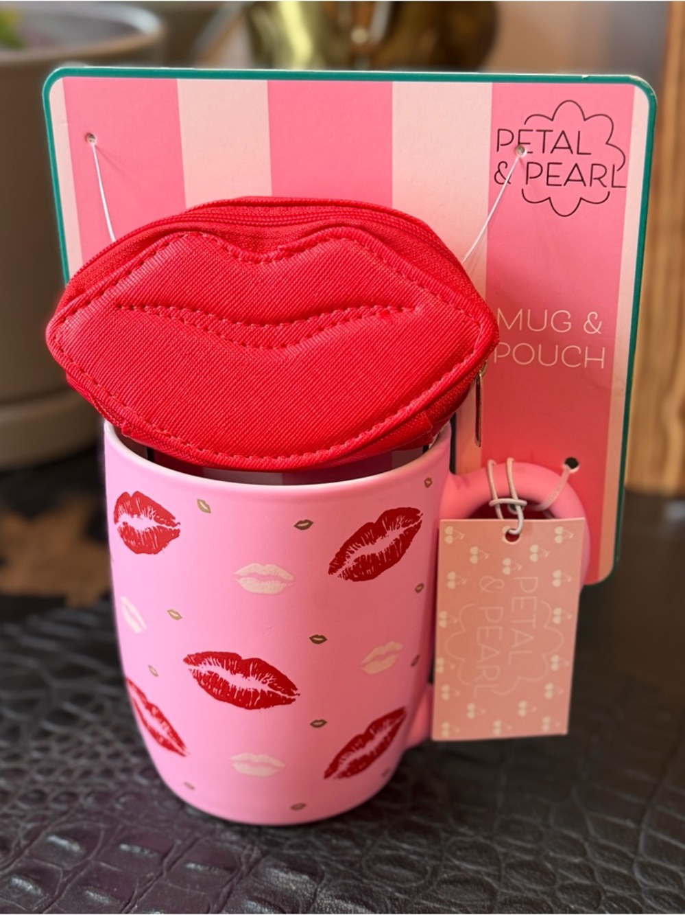 Petal & Pearl Pink Kiss-Print Mug with Red Lip Pouch